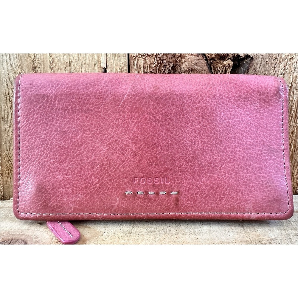 Fossil Pink Leather Wallet Checkbook Cover & Coin Pouch